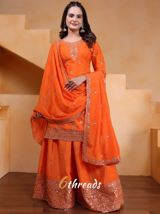 Premium Chinon Sequence Embroidered Sharara Suit Set | 4 Elegant Colors (Sizes S-XXL)