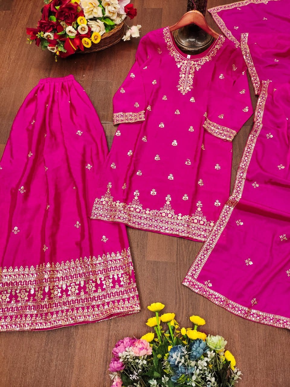 Premium Chinon Sequence Embroidered Sharara Suit Set | 4 Elegant Colors (Sizes S-XXL)