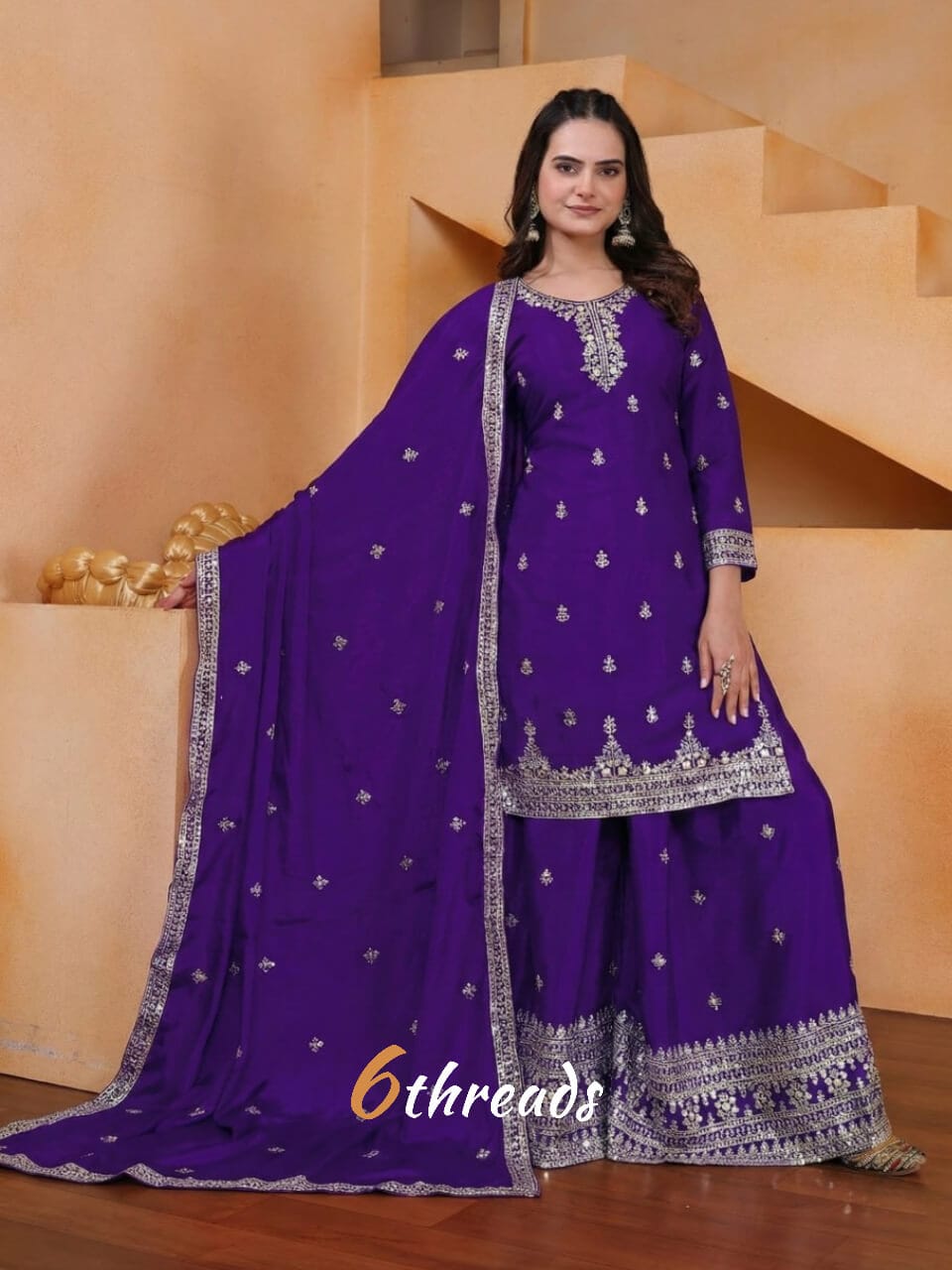 Premium Chinon Sequence Embroidered Sharara Suit Set | 4 Elegant Colors (Sizes S-XXL)