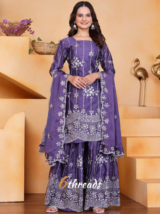 Premium Chinon Sequence Embroidered lavender colour Sharara Suit Set