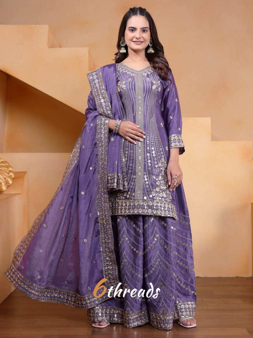 Premium Chinon Sequence Embroidered lavender colour Sharara Suit Set