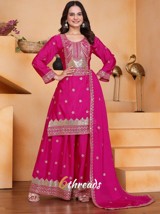Premium Chinon Sequence Embroidered rani pink colour Sharara Suit Set