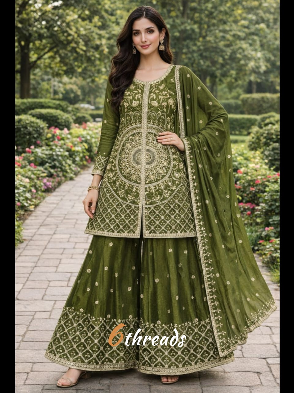 Premium Chinon Silk Coding & Double Sequence green colour Sharara Suit Set