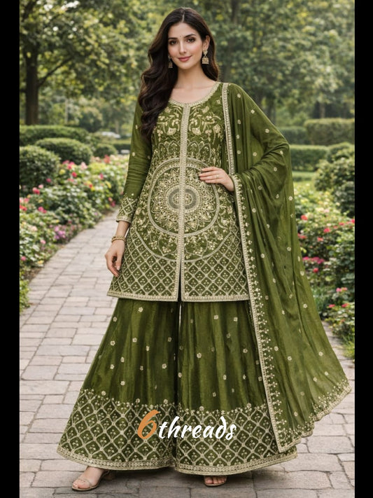 Premium Chinon Silk Coding & Double Sequence green colour Sharara Suit Set
