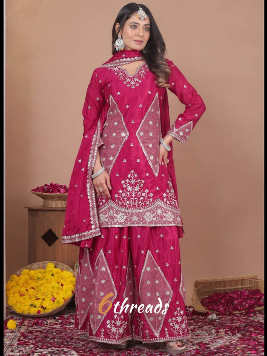 Premium Chinon Silk Sequence Embroidered Magenta Sharara Suit Set