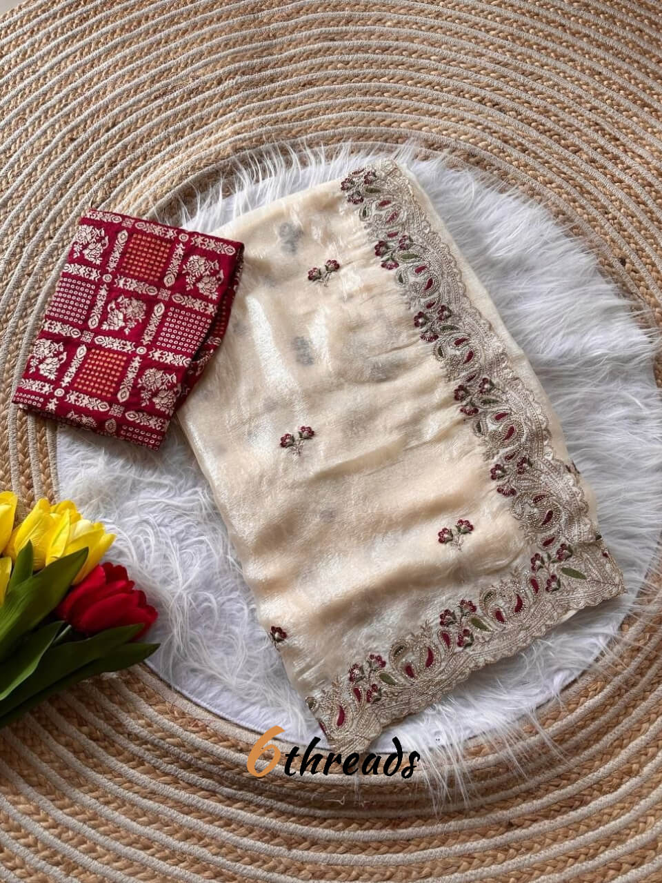 Premium Cream Shimmer Saree with Embroidery & Unstitched Red Woven Blouse