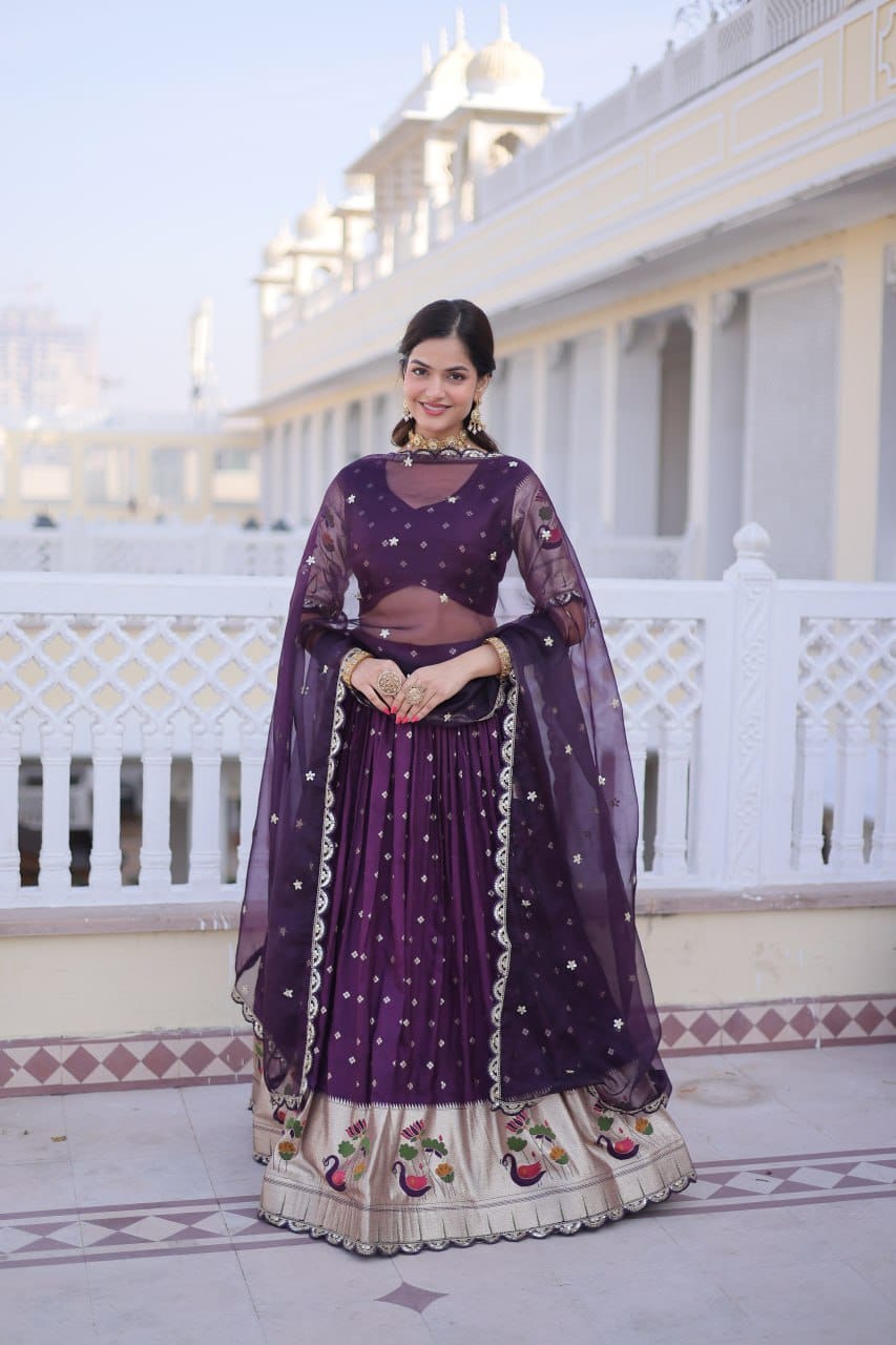 Premium Dola Silk Meena Weaving Lehenga & Tebby Silk Sequins Coding Dupatta Set