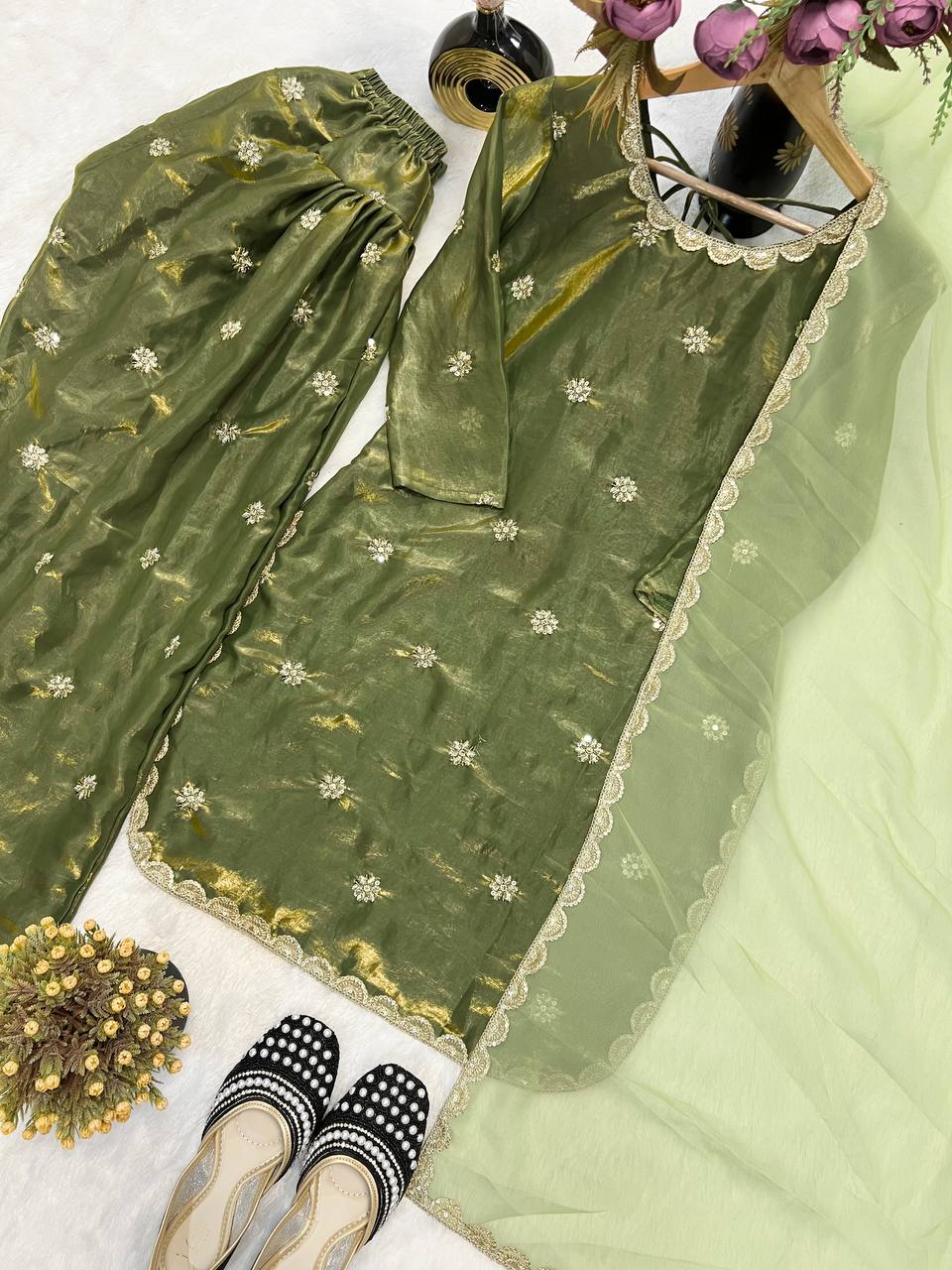 Premium Fandy Crushed Silk Top & Farshi Salwar Set with Sequence & Coding Work