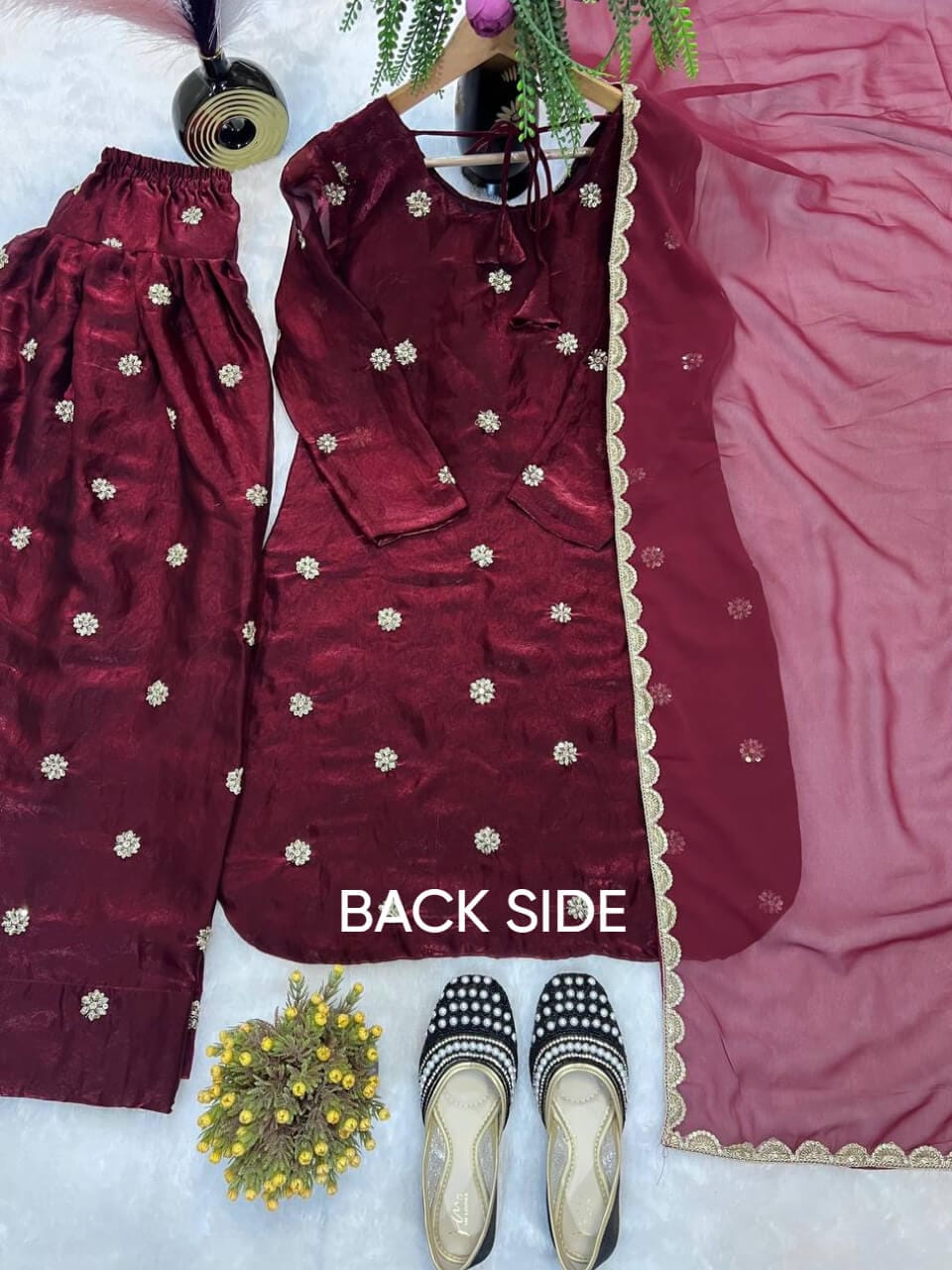 Premium Fandy Crushed Silk Top & Farshi Salwar Set with Sequence & Coding Work