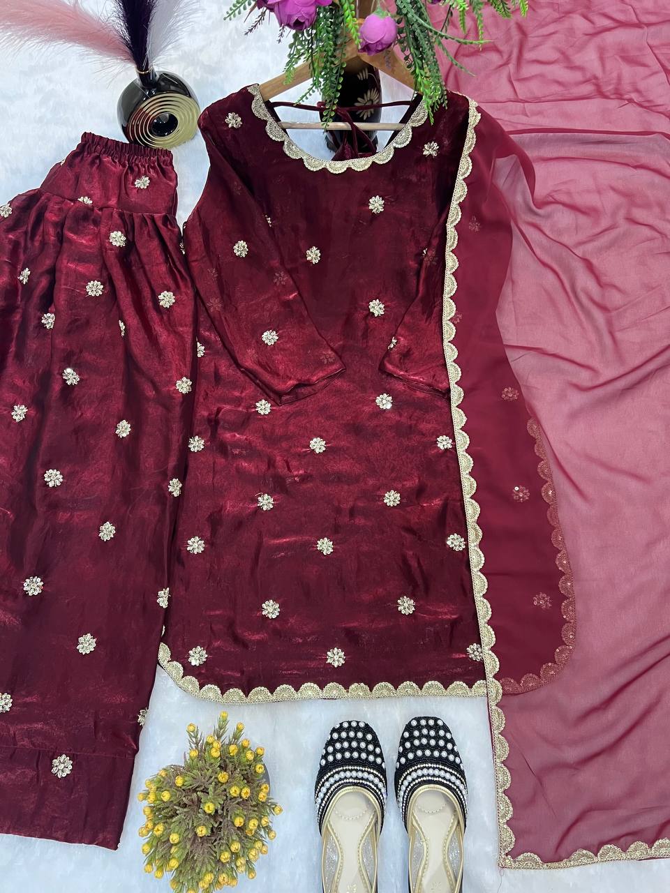 Premium Fandy Crushed Silk Top & Farshi Salwar Set with Sequence & Coding Work