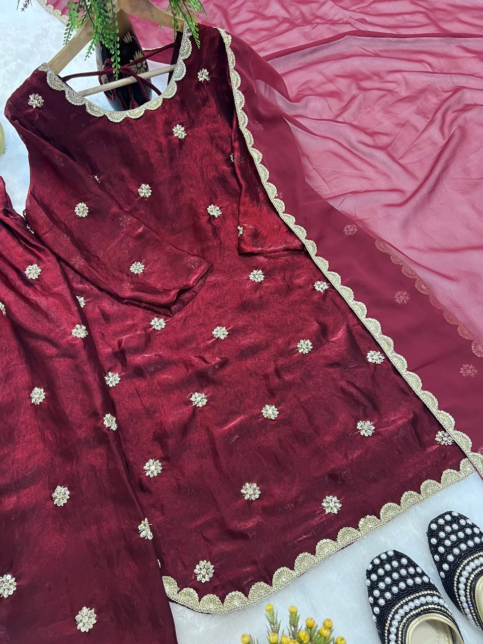 Premium Fandy Crushed Silk Top & Farshi Salwar Set with Sequence & Coding Work