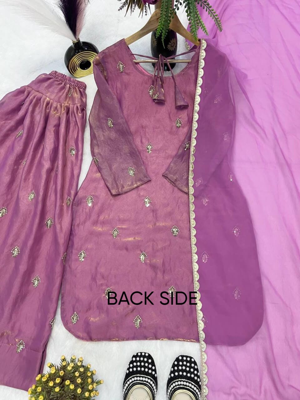 Premium Fandy Crushed Silk Top & Farshi Salwar Set with Sequence & Coding Work