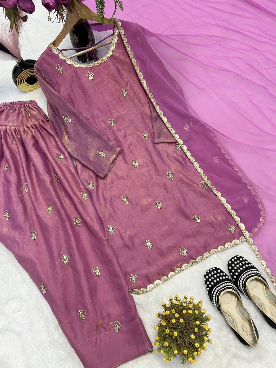 Premium Fandy Crushed Silk Top & Farshi Salwar Set with Sequence & Coding Work