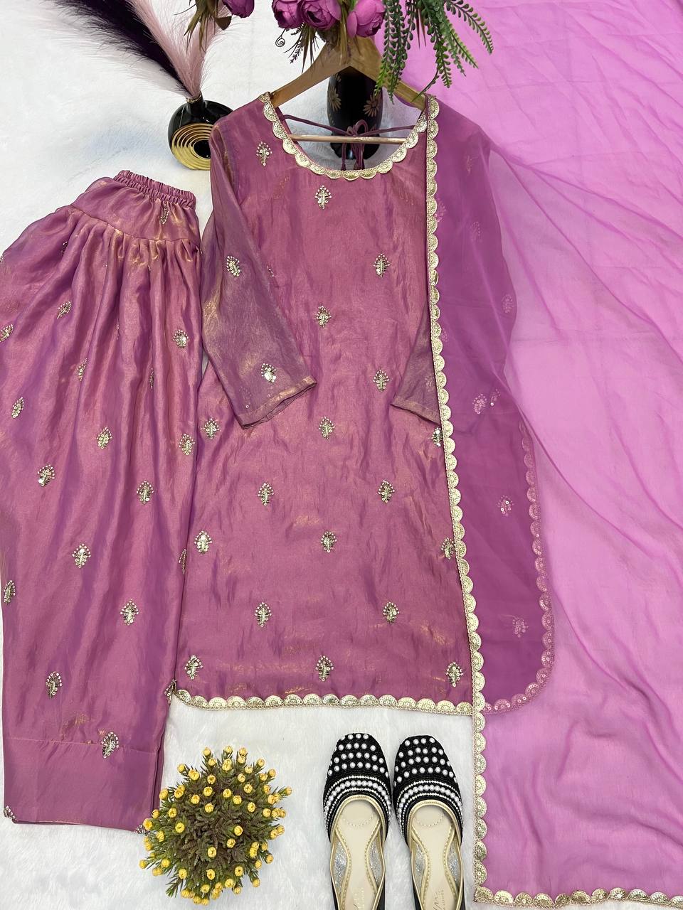 Premium Fandy Crushed Silk Top & Farshi Salwar Set with Sequence & Coding Work