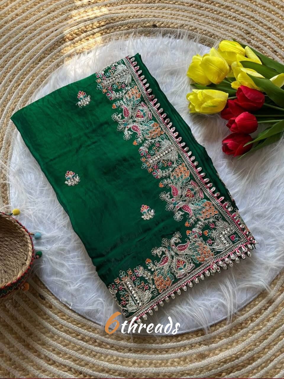Premium Fandy Satin Silk Saree with Floral Embroidery, Tassels & Unstitched Contrast Blouse