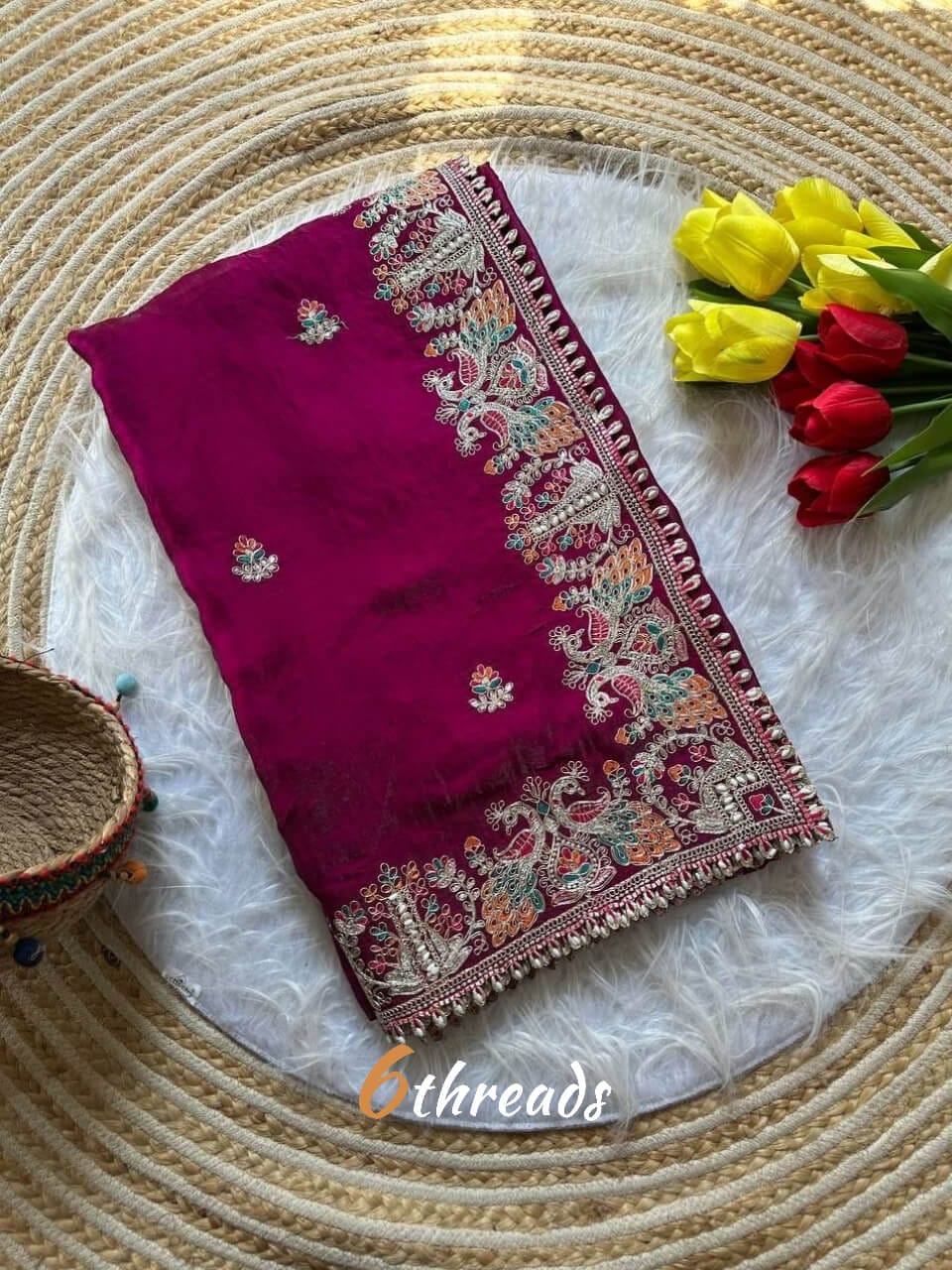 Premium Fandy Satin Silk Saree with Floral Embroidery, Tassels & Unstitched Contrast Blouse