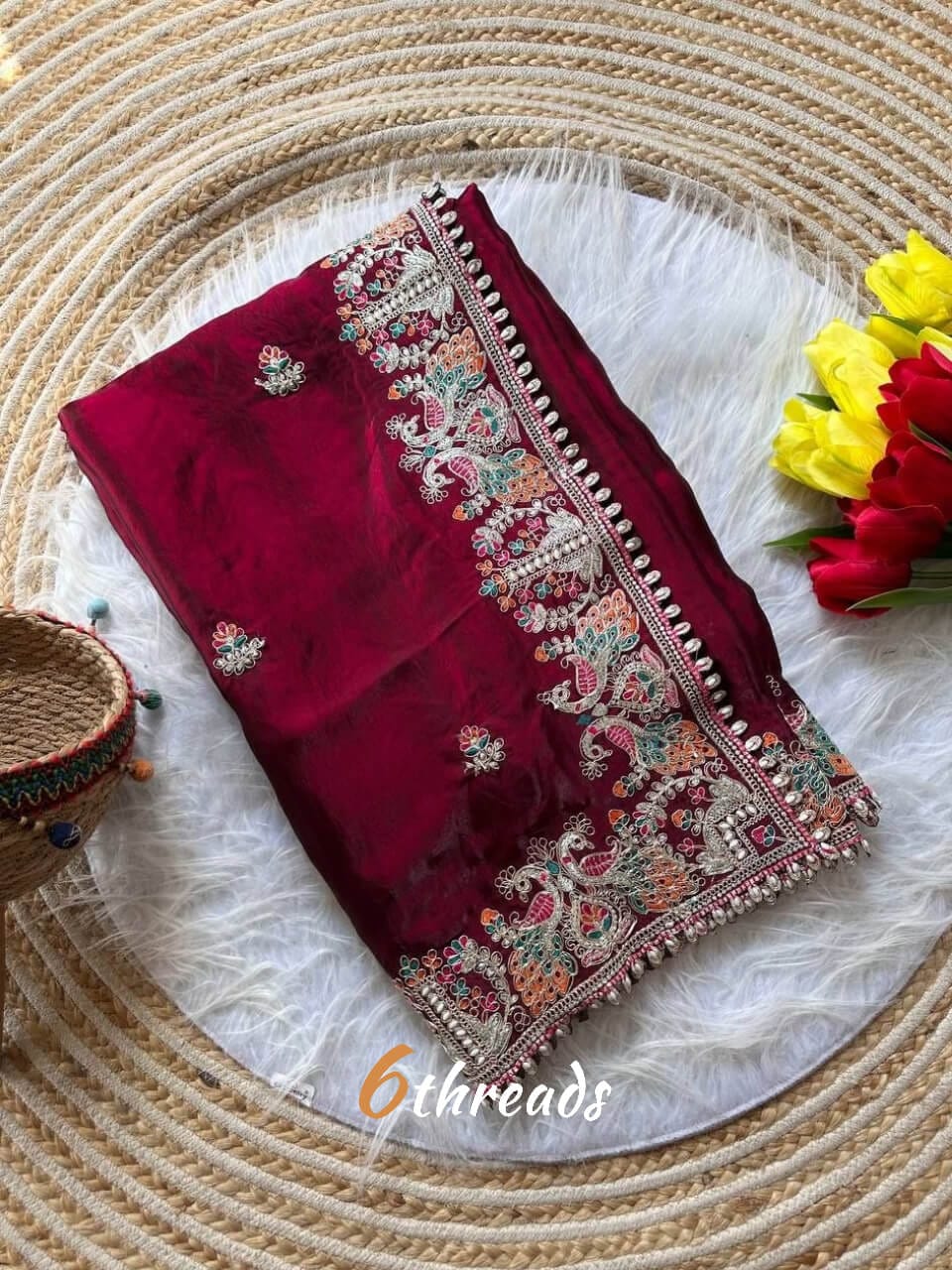 Premium Fandy Satin Silk Saree with Heavy Jarkhan Work & Unstitched Blouse