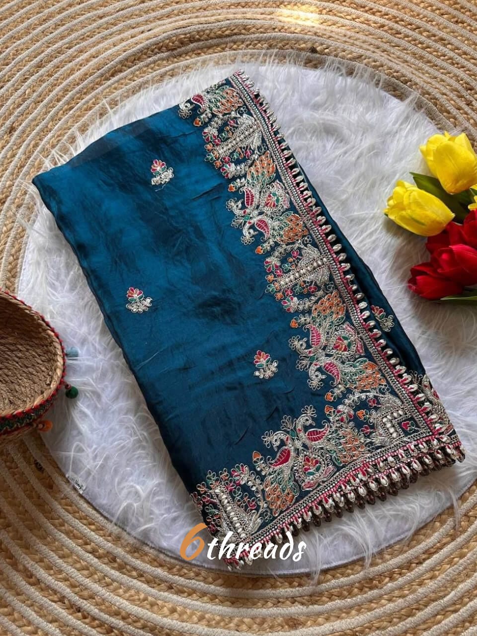 Premium Fandy Satin Silk Saree with Heavy Jarkhan Work & Unstitched Blouse