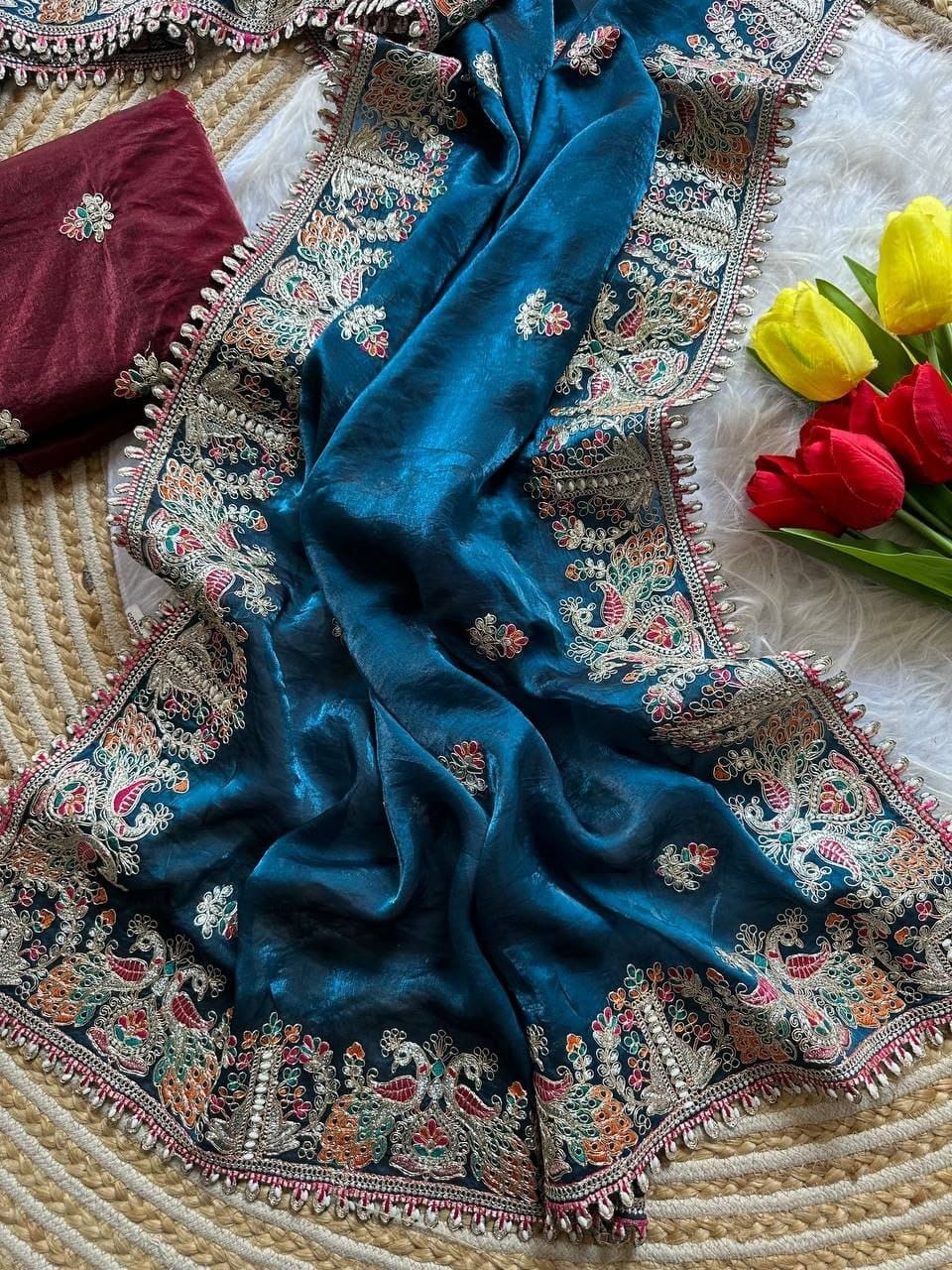 Premium Fandy Satin Silk Saree with Floral Embroidery, Tassels & Unstitched Contrast Blouse