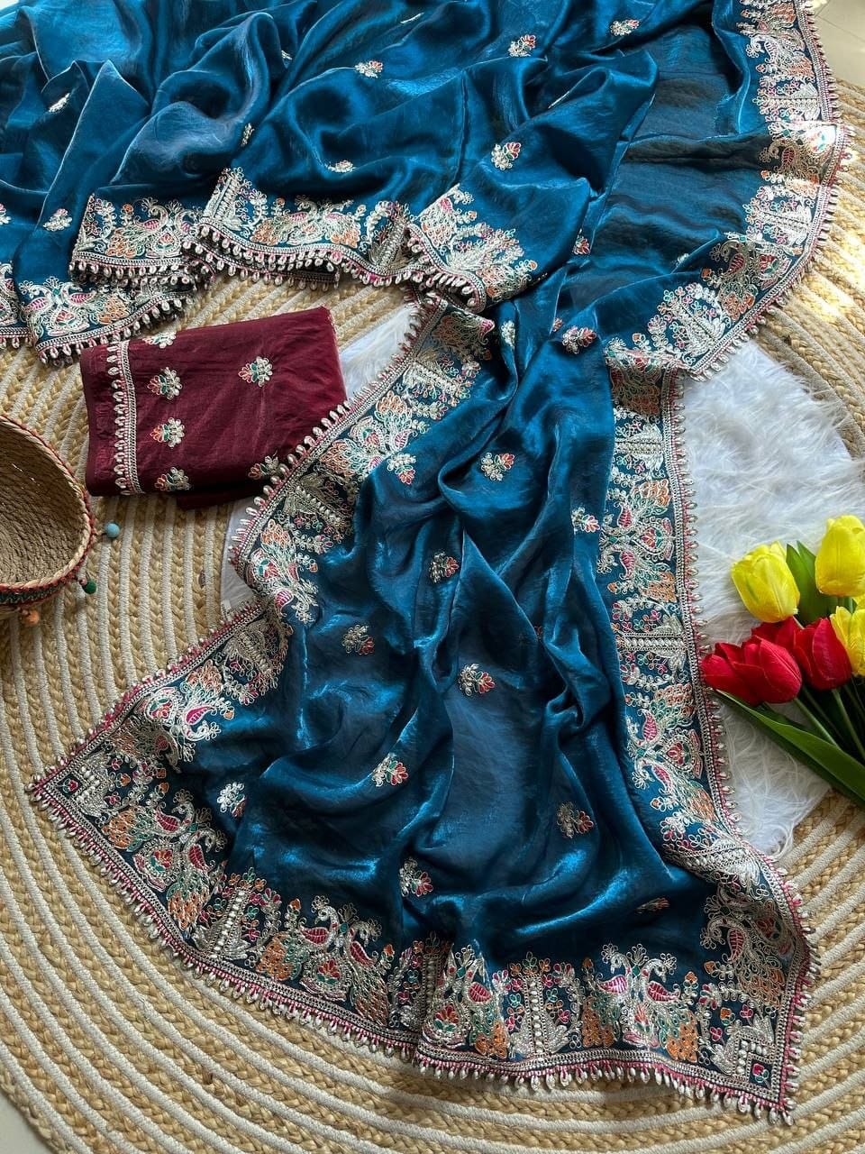 Premium Fandy Satin Silk Saree with Floral Embroidery, Tassels & Unstitched Contrast Blouse