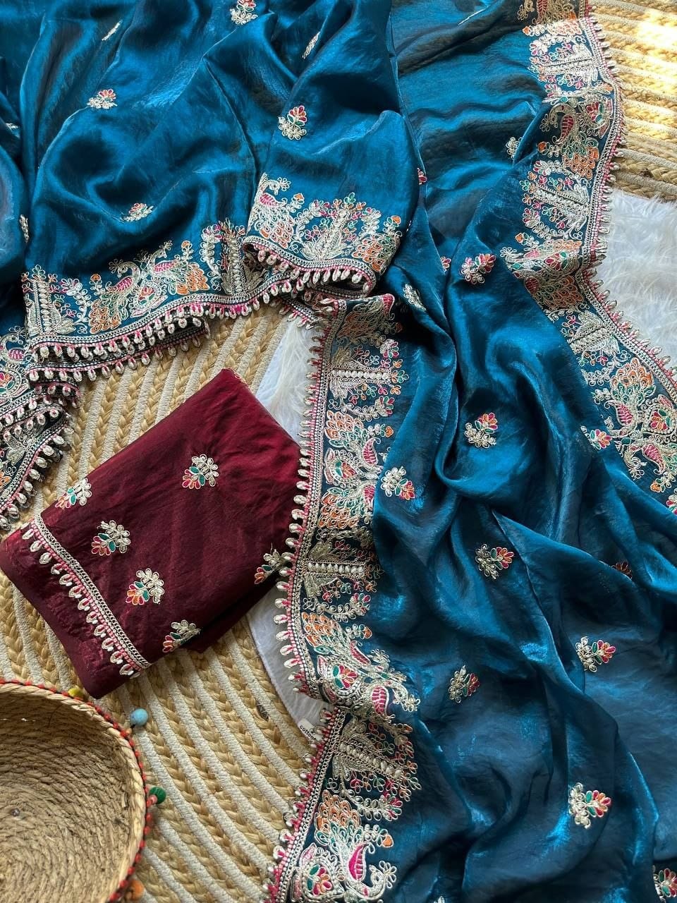 Premium Fandy Satin Silk Saree with Floral Embroidery, Tassels & Unstitched Contrast Blouse