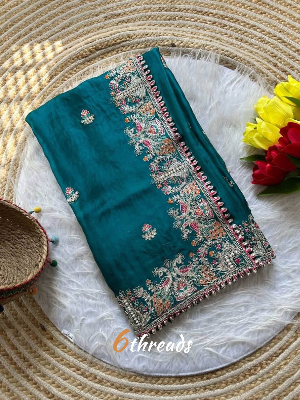 Premium Fandy Satin Silk Saree with Heavy Jarkhan Work & Unstitched Blouse