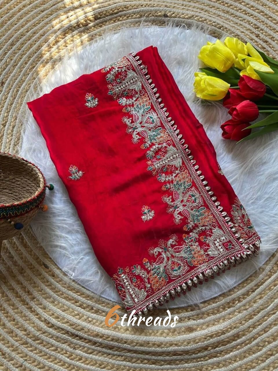 Premium Fandy Satin Silk Saree with Floral Embroidery, Tassels & Unstitched Contrast Blouse