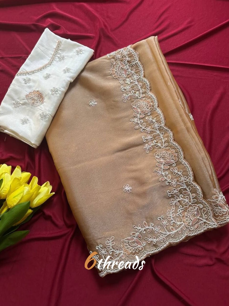 Premium Fandy Satin Silk Saree with Floral Embroidery, Tassels & Unstitched Contrast Blouse