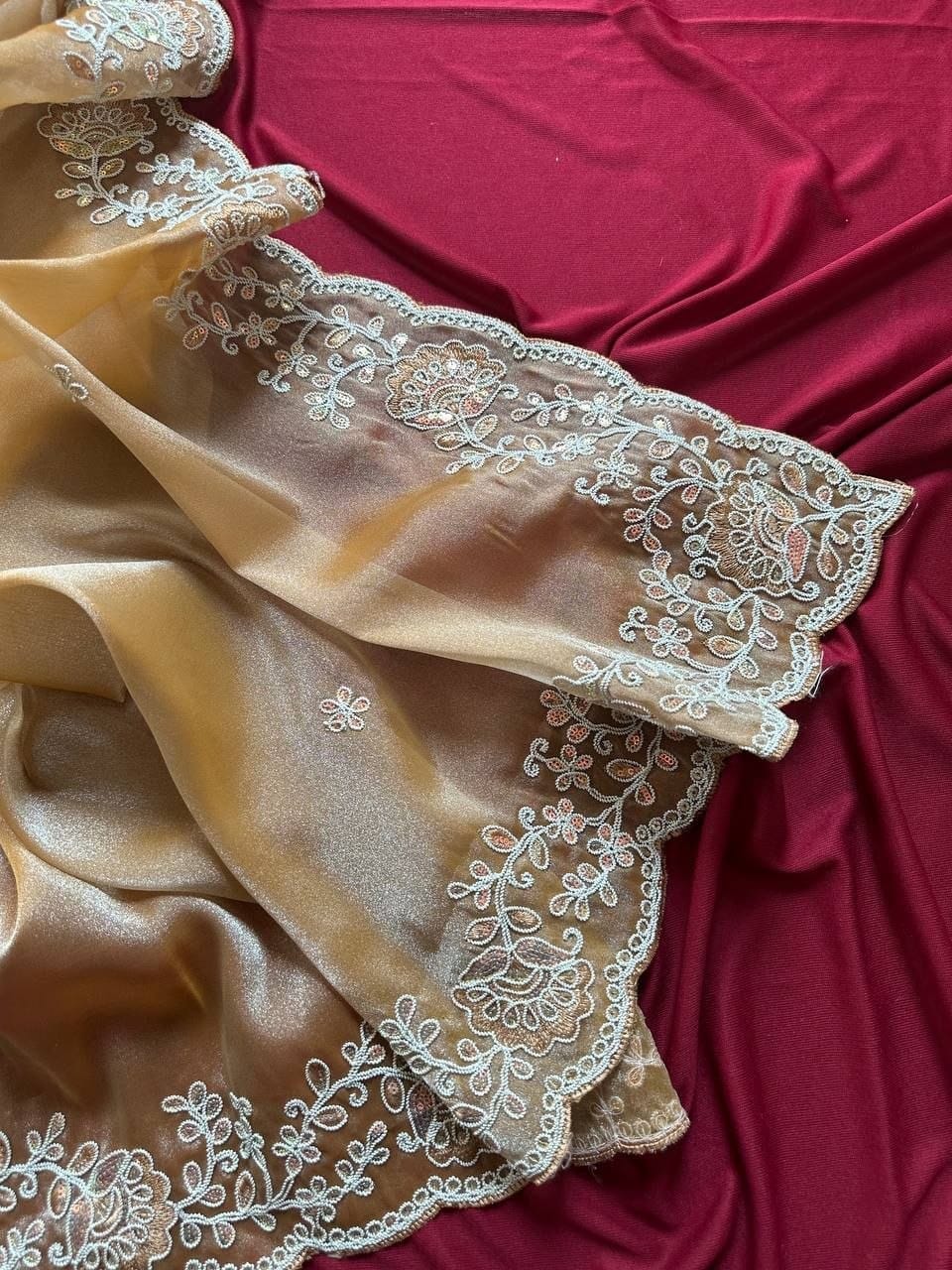 Premium Fandy Satin Silk Saree with Heavy Jarkhan Work & Unstitched Blouse