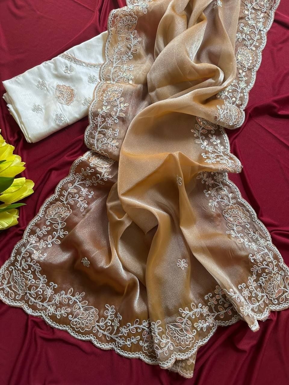 Premium Fandy Satin Silk Saree with Heavy Jarkhan Work & Unstitched Blouse