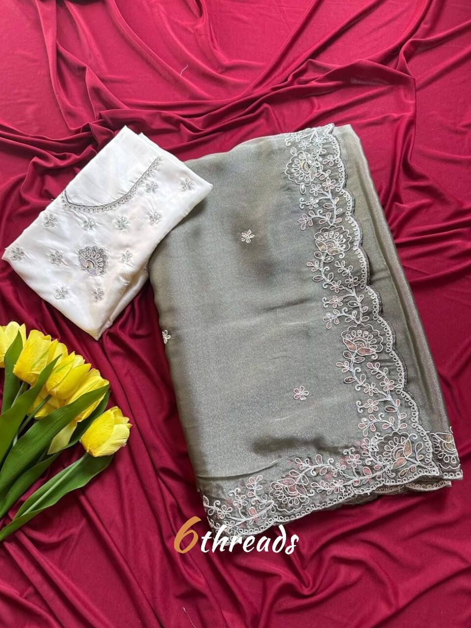 Premium Fandy Satin Silk Saree with Heavy Jarkhan Work & Unstitched Blouse