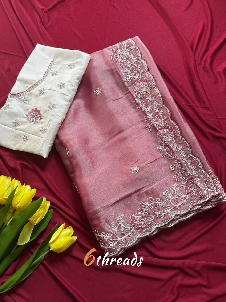 Premium Fandy Satin Silk Saree with Floral Embroidery, Tassels & Unstitched Contrast Blouse