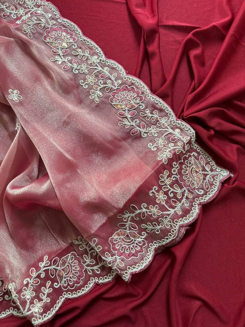 Premium Fandy Satin Silk Saree with Heavy Jarkhan Work & Unstitched Blouse