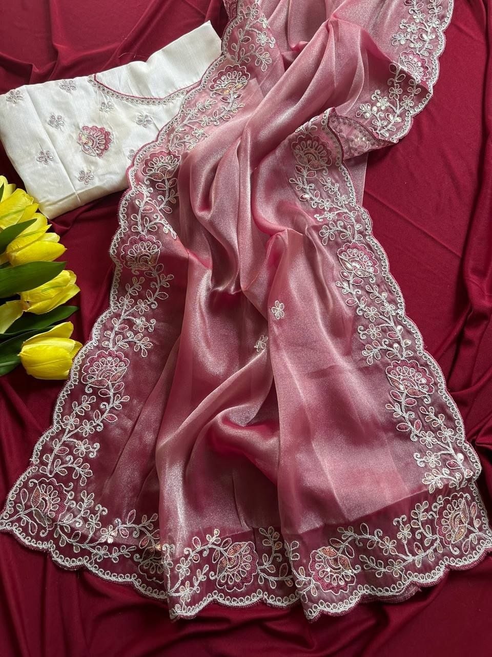Premium Fandy Satin Silk Saree with Heavy Jarkhan Work & Unstitched Blouse