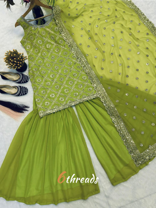 Premium Faux Georgette Top & Flared Sharara Set with Thread & Sequence Embroidery