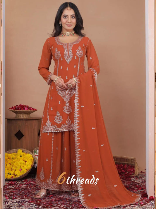 Premium Fox Georgette Glitter Sequence  orange colour Sharara Suit Set
