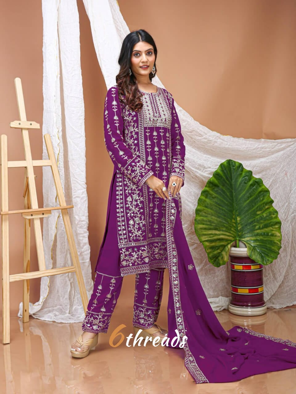 Premium Fox Georgette Long Kurti & Embroidered purple colour Pant Suit Set