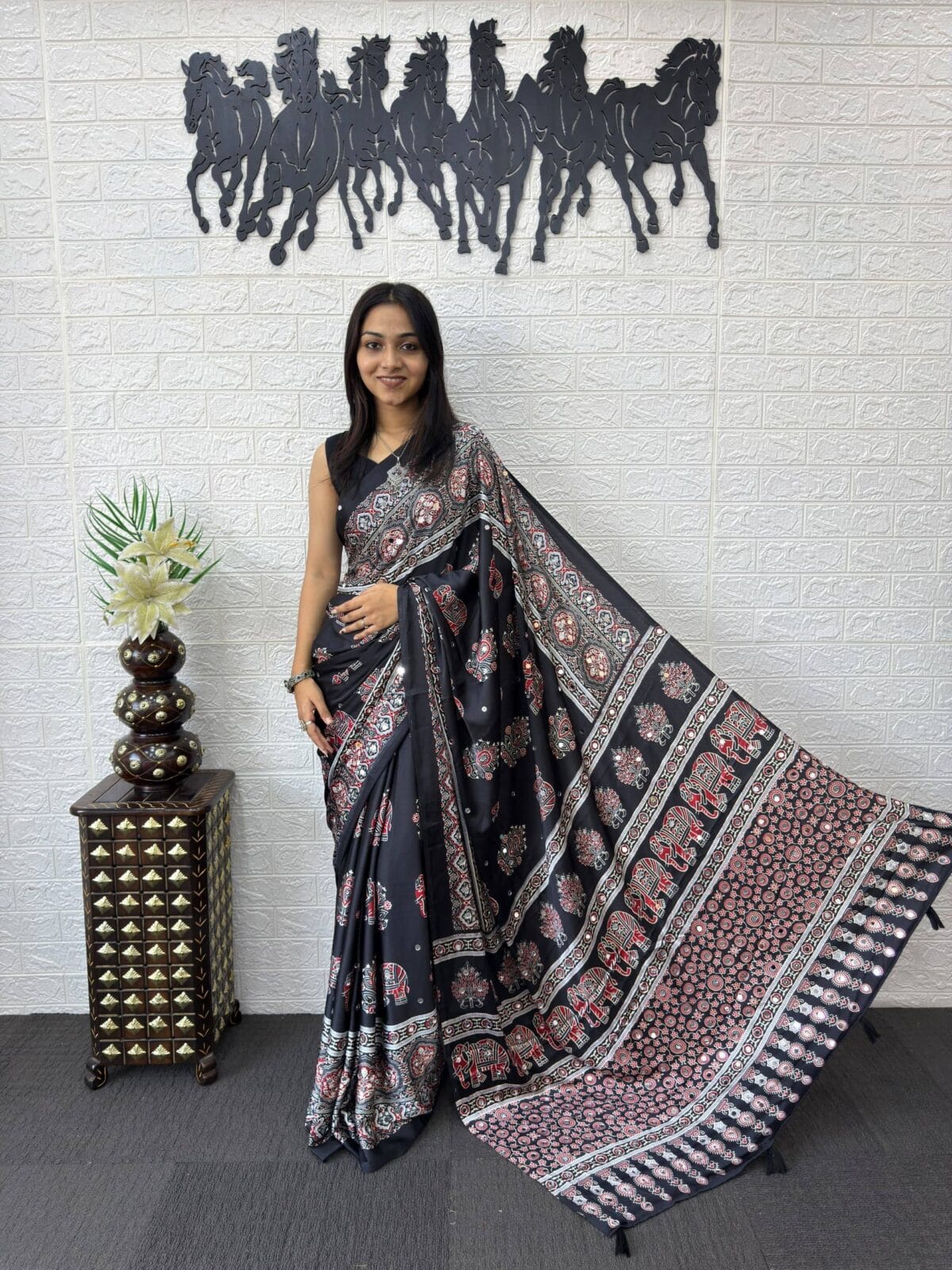 Premium Gajji Silk Ajrakh Print Saree with Heavy Real Mirror-Work & Designer Red Pallu