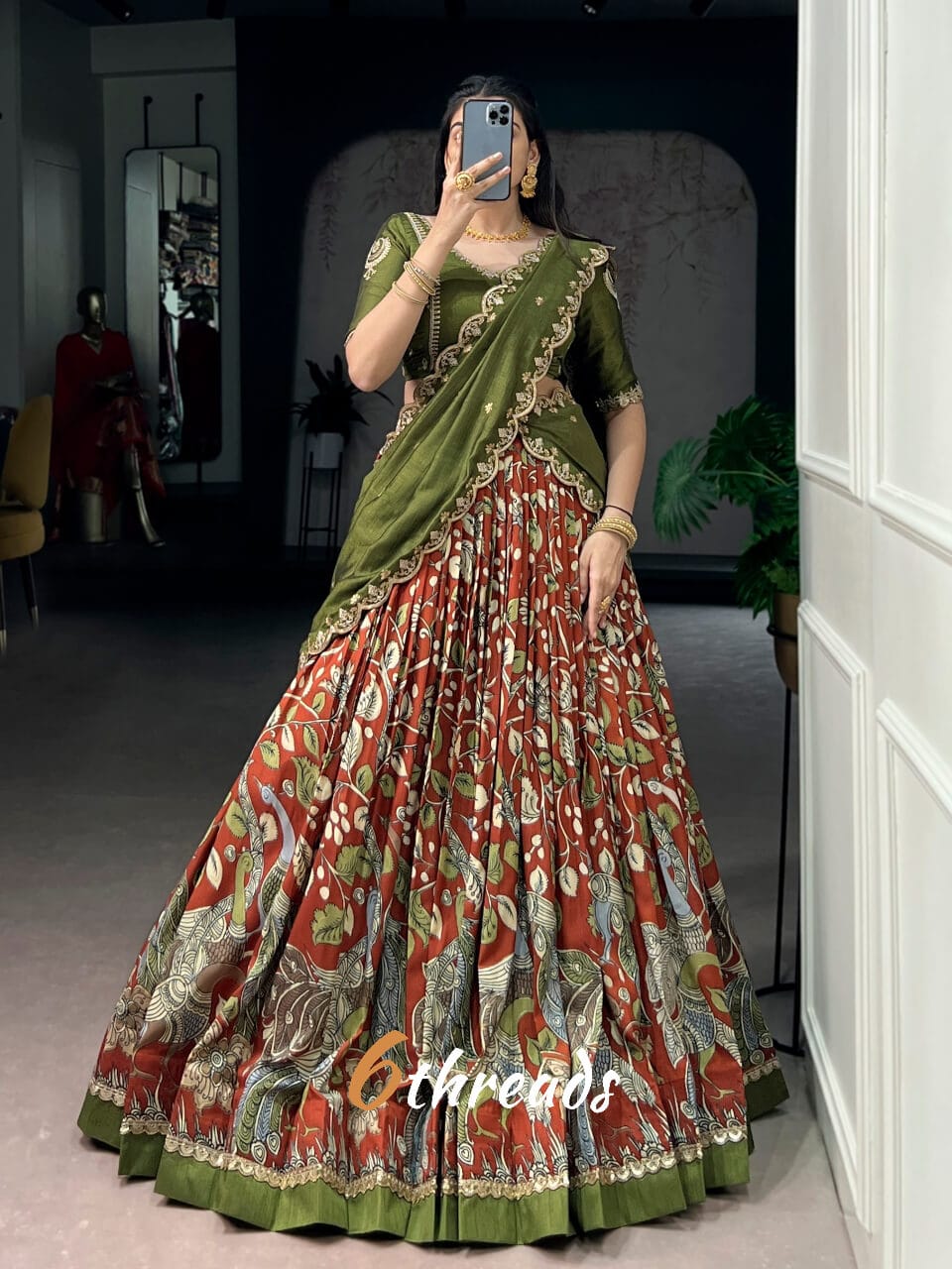 Premium Kalamkari Tasar Silk Lehenga & Embroidered Vichitra Silk Blouse