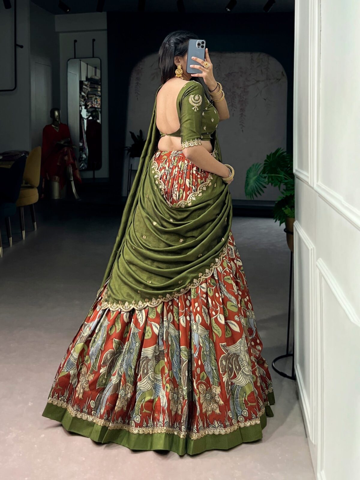 Premium Kalamkari Tasar Silk Lehenga & Embroidered Vichitra Silk Blouse