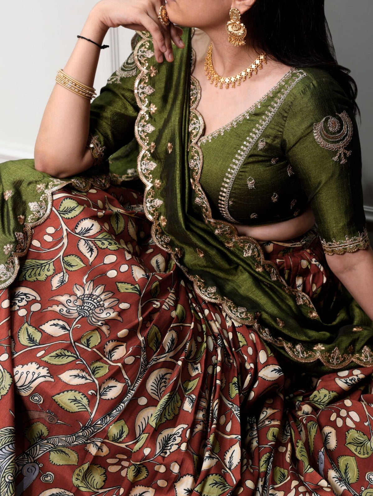 Premium Kalamkari Tasar Silk Lehenga & Embroidered Vichitra Silk Blouse