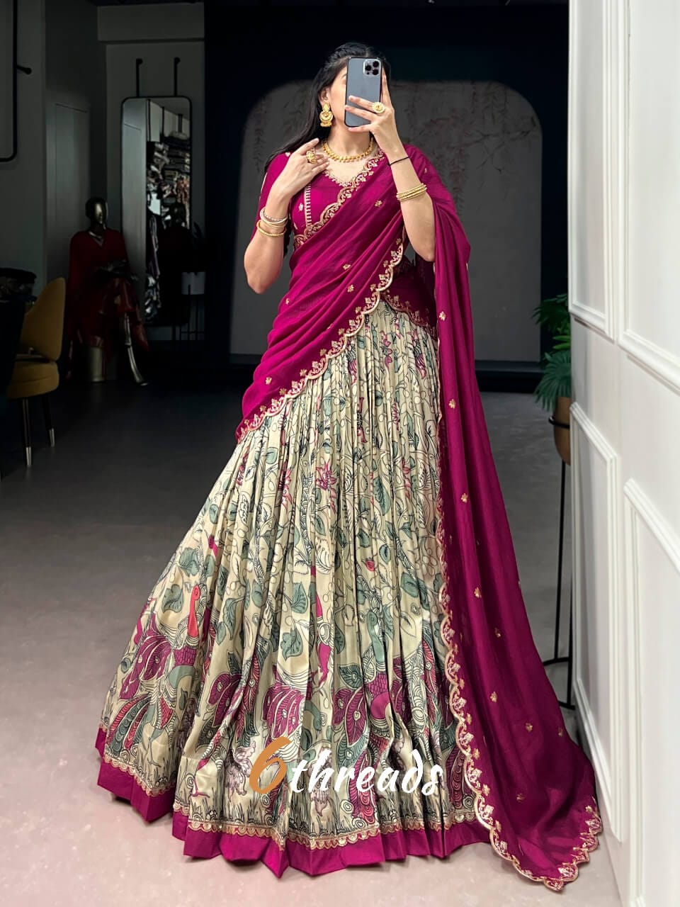 Premium Kalamkari Tasar Silk Lehenga & Embroidered Vichitra Silk Blouse