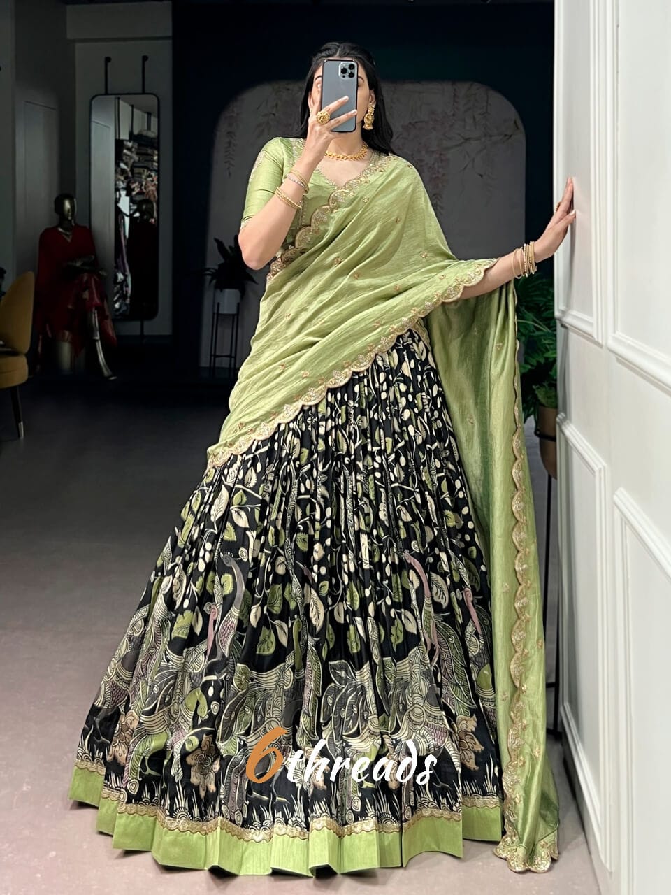 Premium Kalamkari Tasar Silk Lehenga & Embroidered Vichitra Silk Blouse
