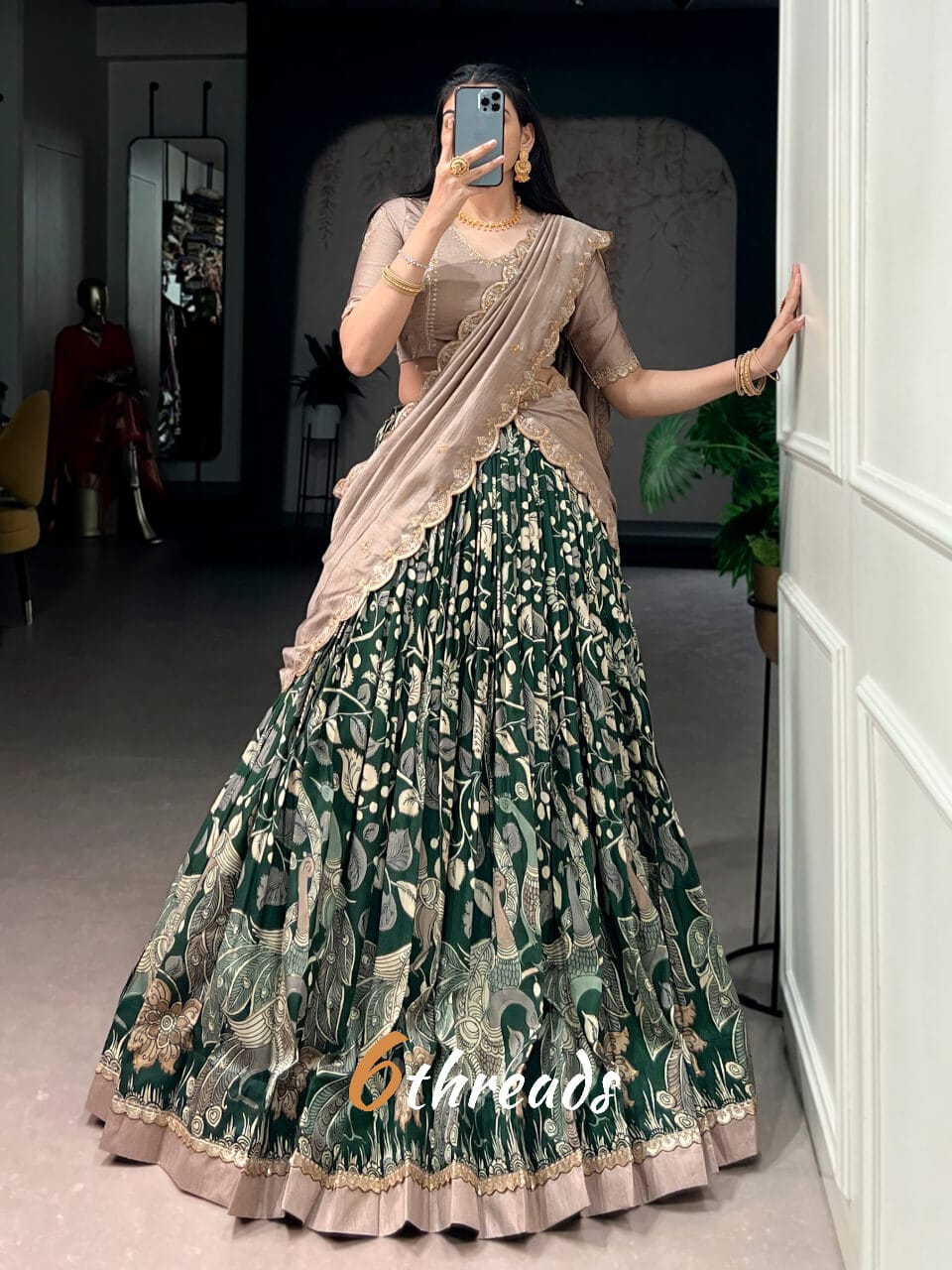 Premium Kalamkari Tasar Silk Lehenga & Embroidered Vichitra Silk Blouse