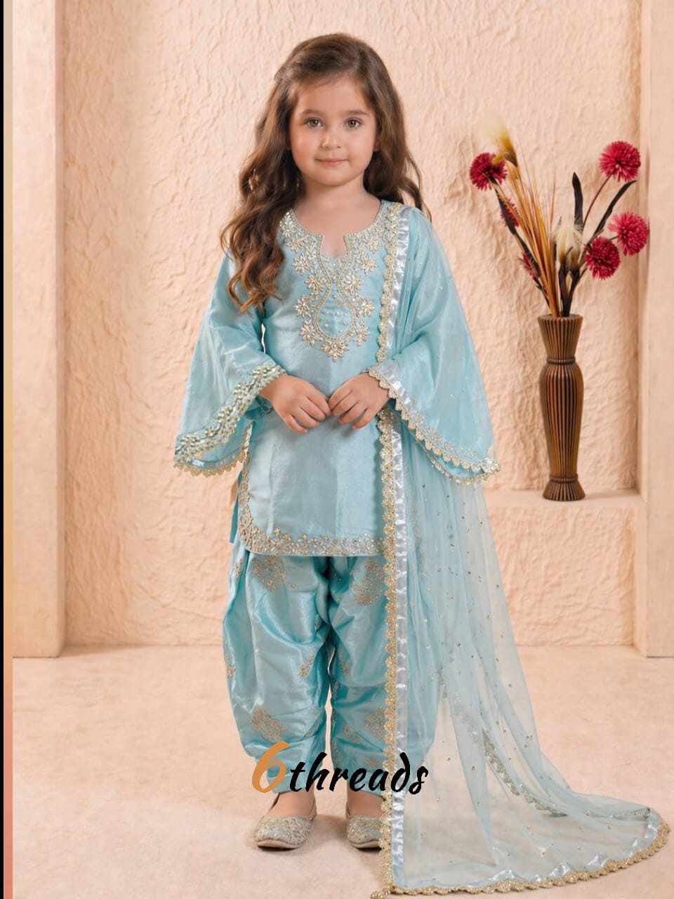 Kids’ Roman Glass Silk Party Wear Set with Organza Dupatta
