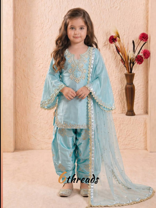 Kids’ Roman Glass Silk Party Wear Set with Organza Dupatta