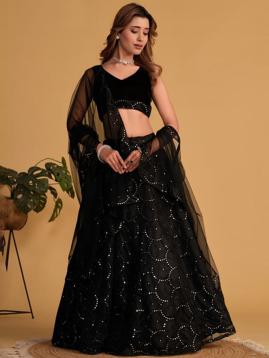 Premium Midnight Black Organza Net Sequin-Glow Lehenga with Velvet Blouse & Can-Can Layering