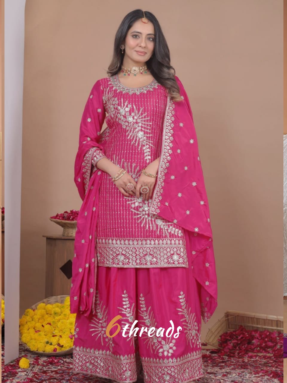 Premium Natural Crepe Double Sequence Rani Pink Sharara Suit Set