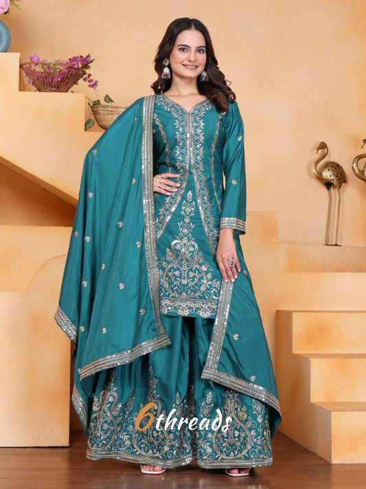 Premium Natural Crepe Sequence Embroidered Emerald Green Sharara Suit Set