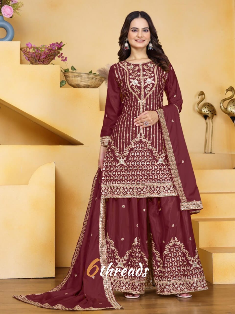 Premium Fox Georgette Long Kurti & Embroidered purple colour Pant Suit Set